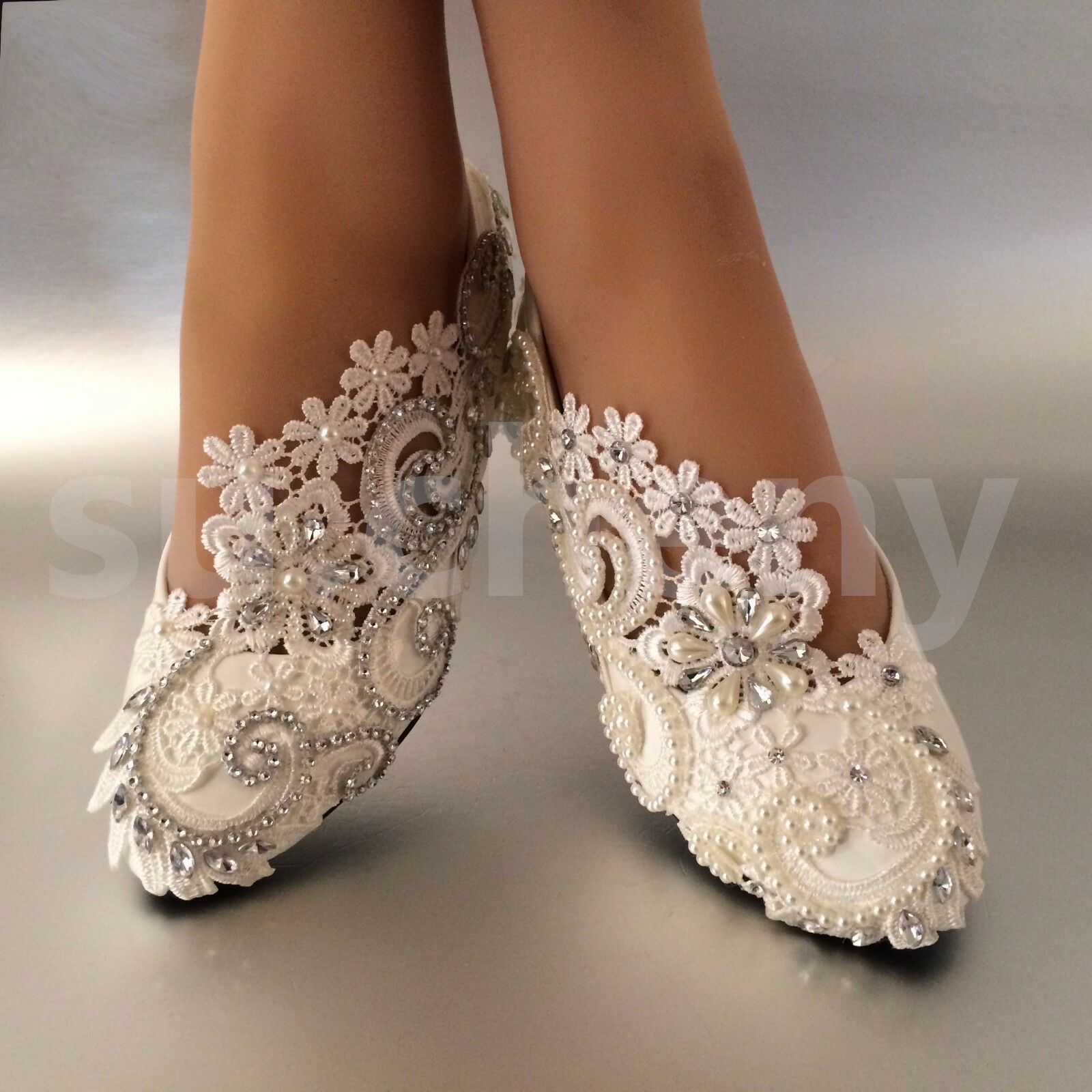 su.cheny White ivory pearls rhinestones lace flat Wedding shoes Bridal size  5-13