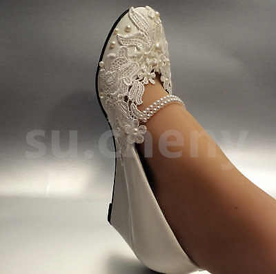 su.cheny Lace white ivory crystal flats low high heel wedge